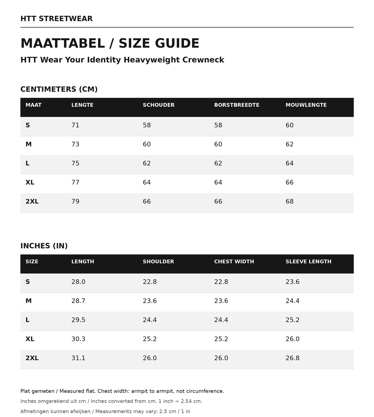 Maattabel / size guide HTT Wear Your Identity Heavyweight Crewneck: maten S–2XL, afmetingen in centimeters en inches.