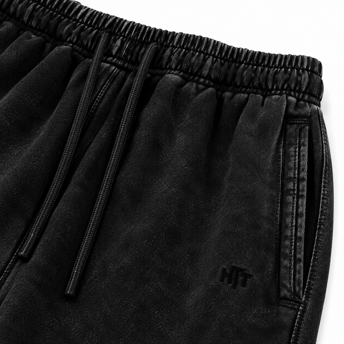 HTT Streetwear Faded Black 420GSM cotton sweatpants waistband drawstring pocket and HTT logo detail