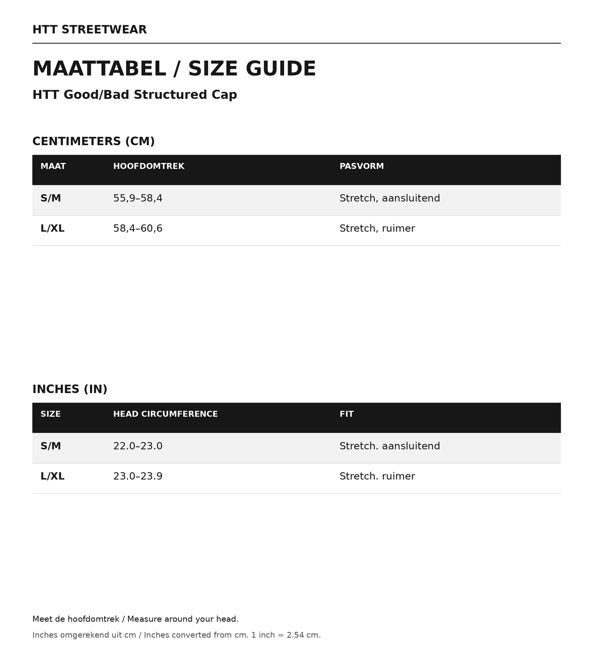 Maattabel / size guide HTT Good/Bad Structured Cap: maten S/M–L/XL, afmetingen in centimeters en inches.