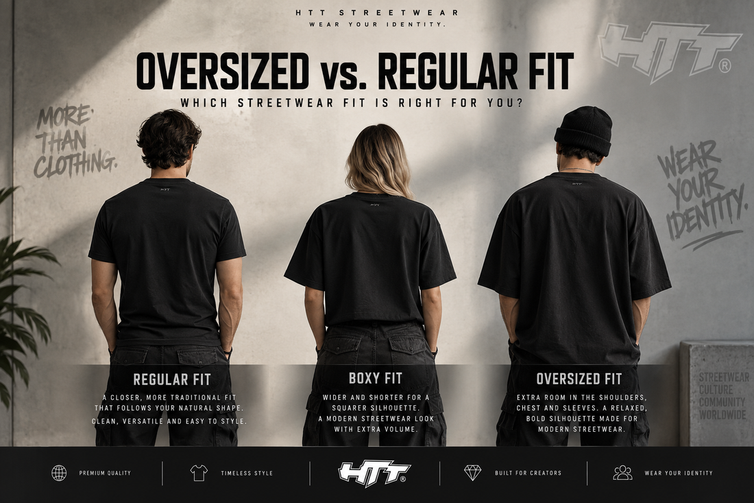 HTT Streetwear guide comparing regular fit, boxy fit and oversized fit