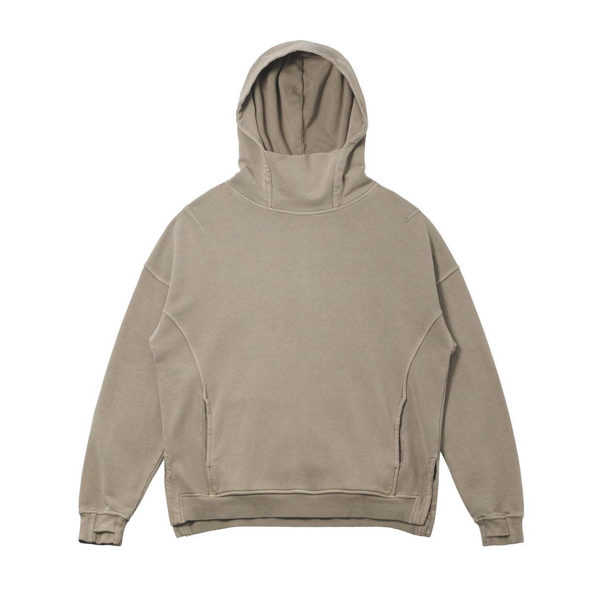 HTT BLANKS Khakifarbener Hoodie mit Rollkragen – Passform von vorn und Waschfinish