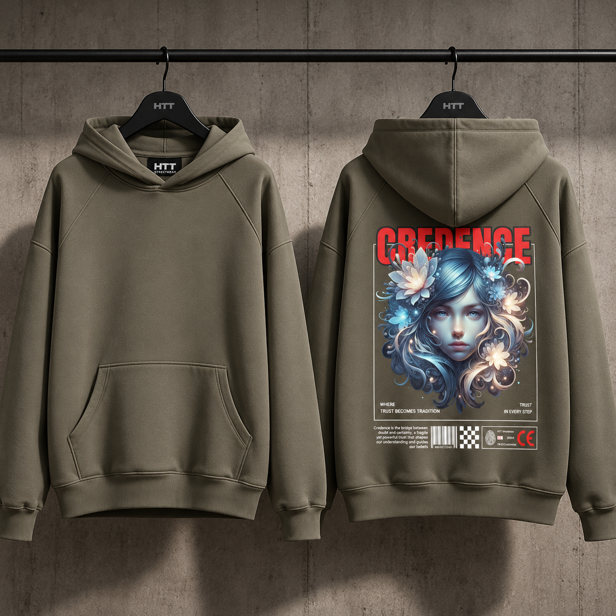 HTT Credence Graphic Hoodie Charcoal Grey – hanger voor- en achterkant