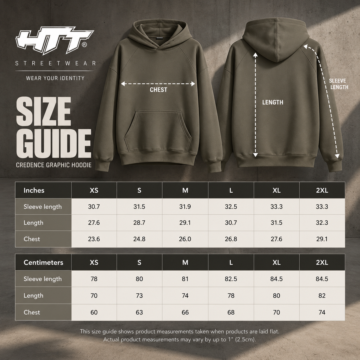 HTT Credence Graphic Hoodie – maattabel XS–2XL centimeters en inches