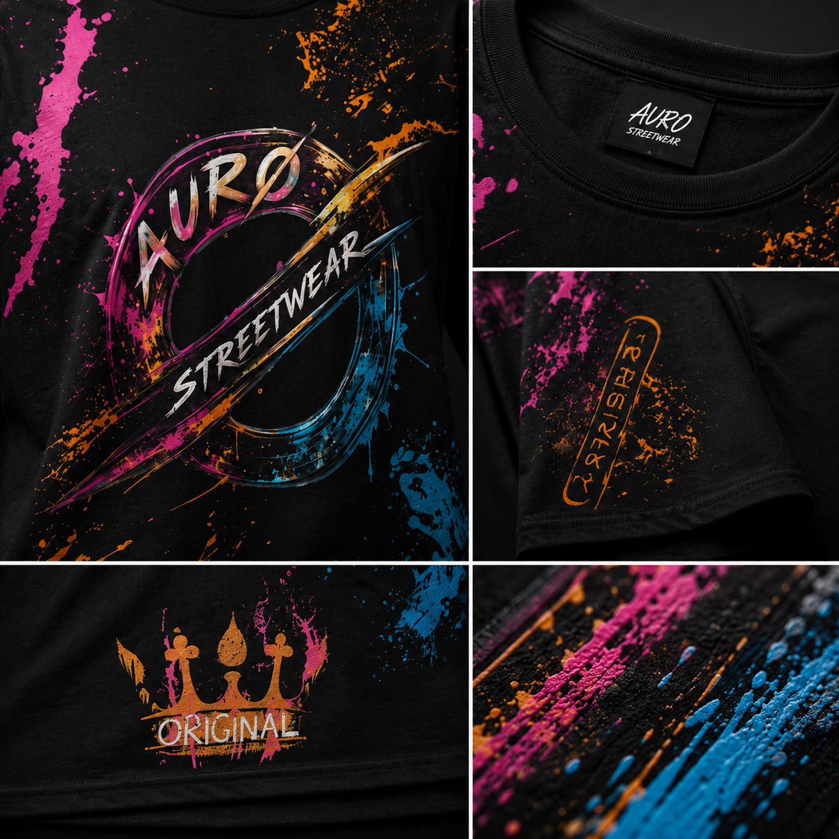 AURO Streetwear black all-over print T-shirt close-up graphic and fabric details
