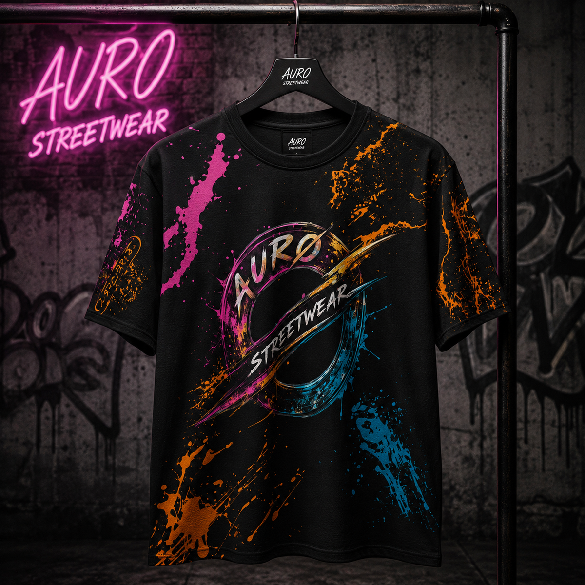 AURO Streetwear black all-over print T-shirt hanger product shot