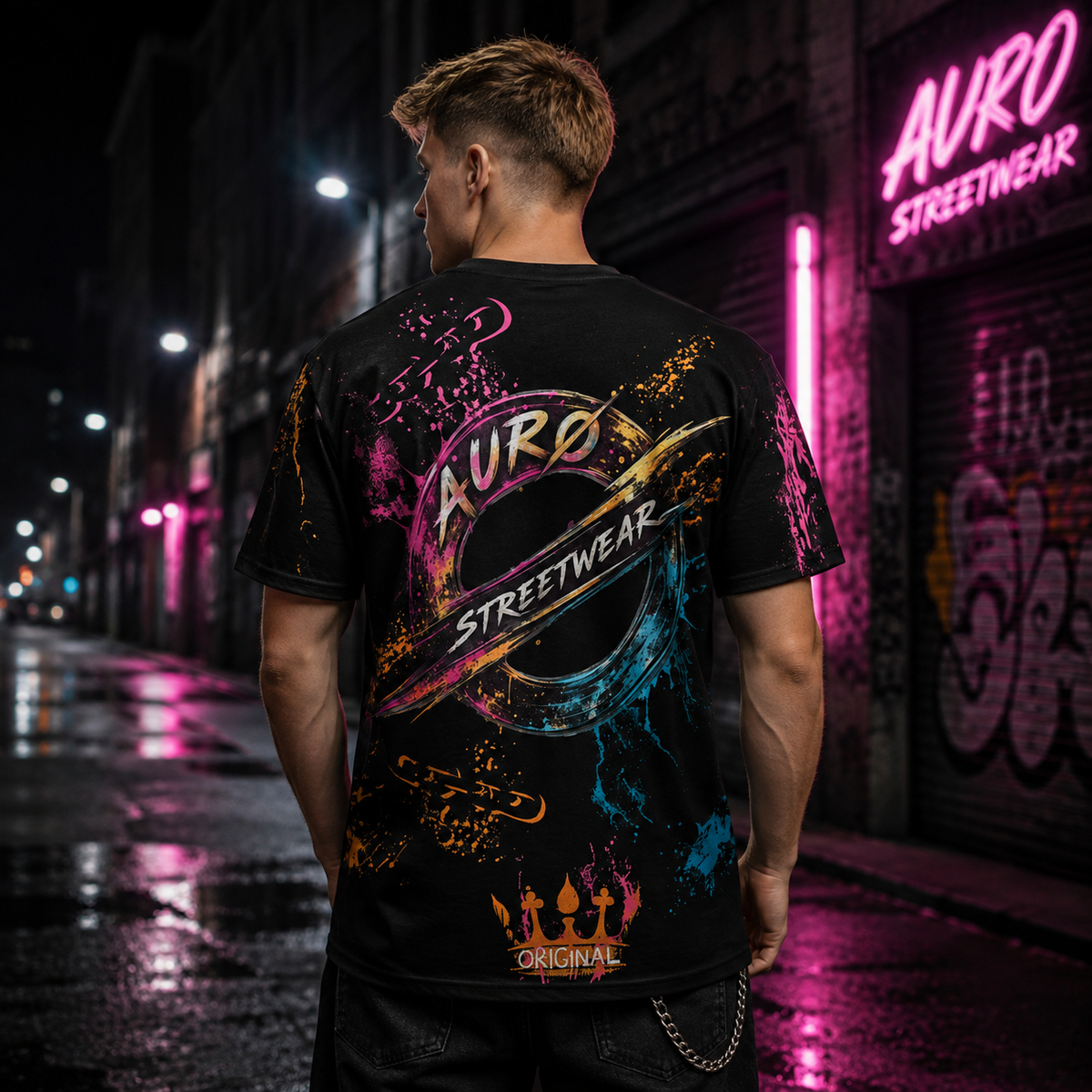 AURO Streetwear black all-over print T-shirt back view on male streetwear model