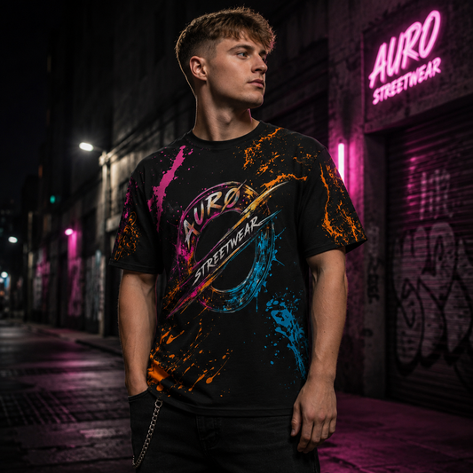 AURO Streetwear black all-over print T-shirt front view on male streetwear model