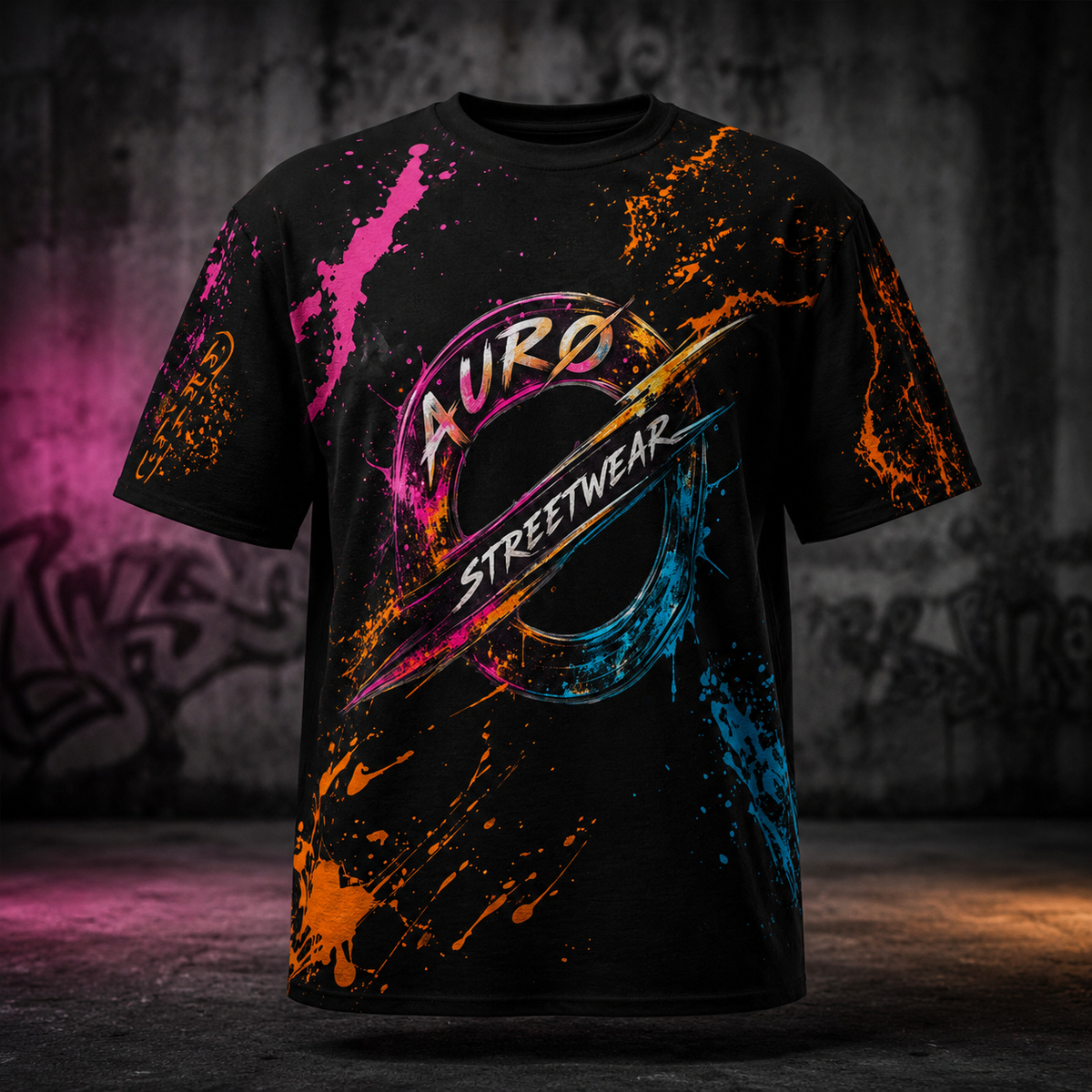 AURO Streetwear black all-over print T-shirt product hero front view