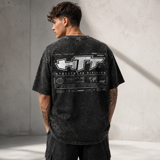 HTT.002 Global Division oversized T-shirt – men's style, back with technical graphic print