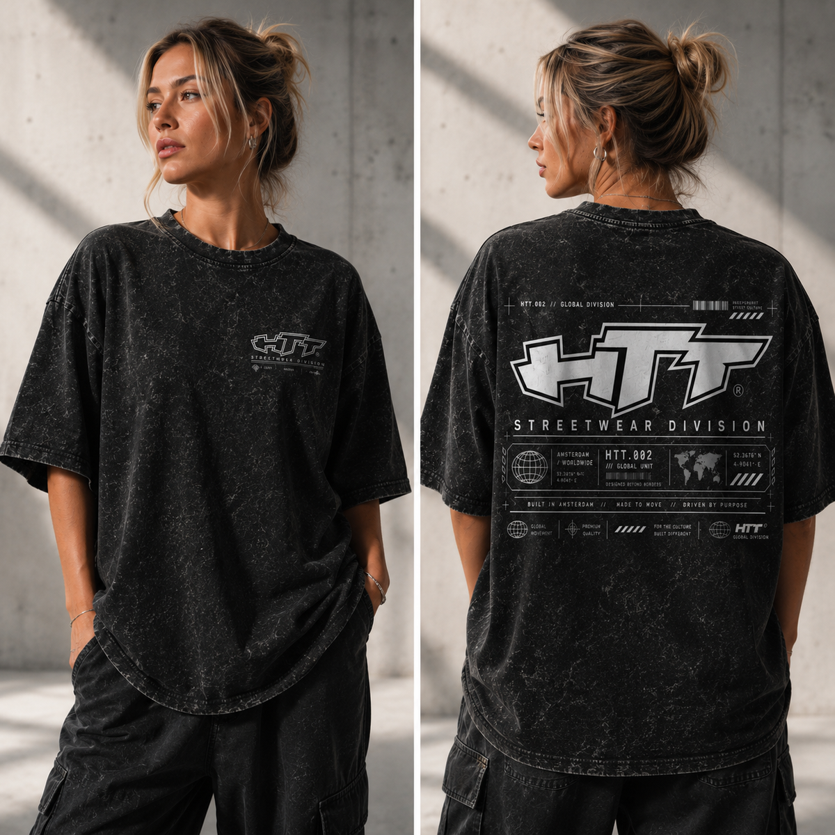 HTT.002 Global Division Oversize-T-Shirt – Damenmodell Vorder- und Rückseite
