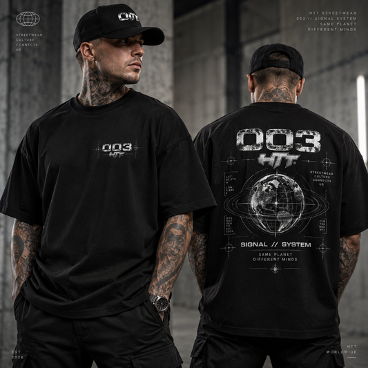 HTT.003 Signal System oversized black box T-shirt on male model – streetwear hero
