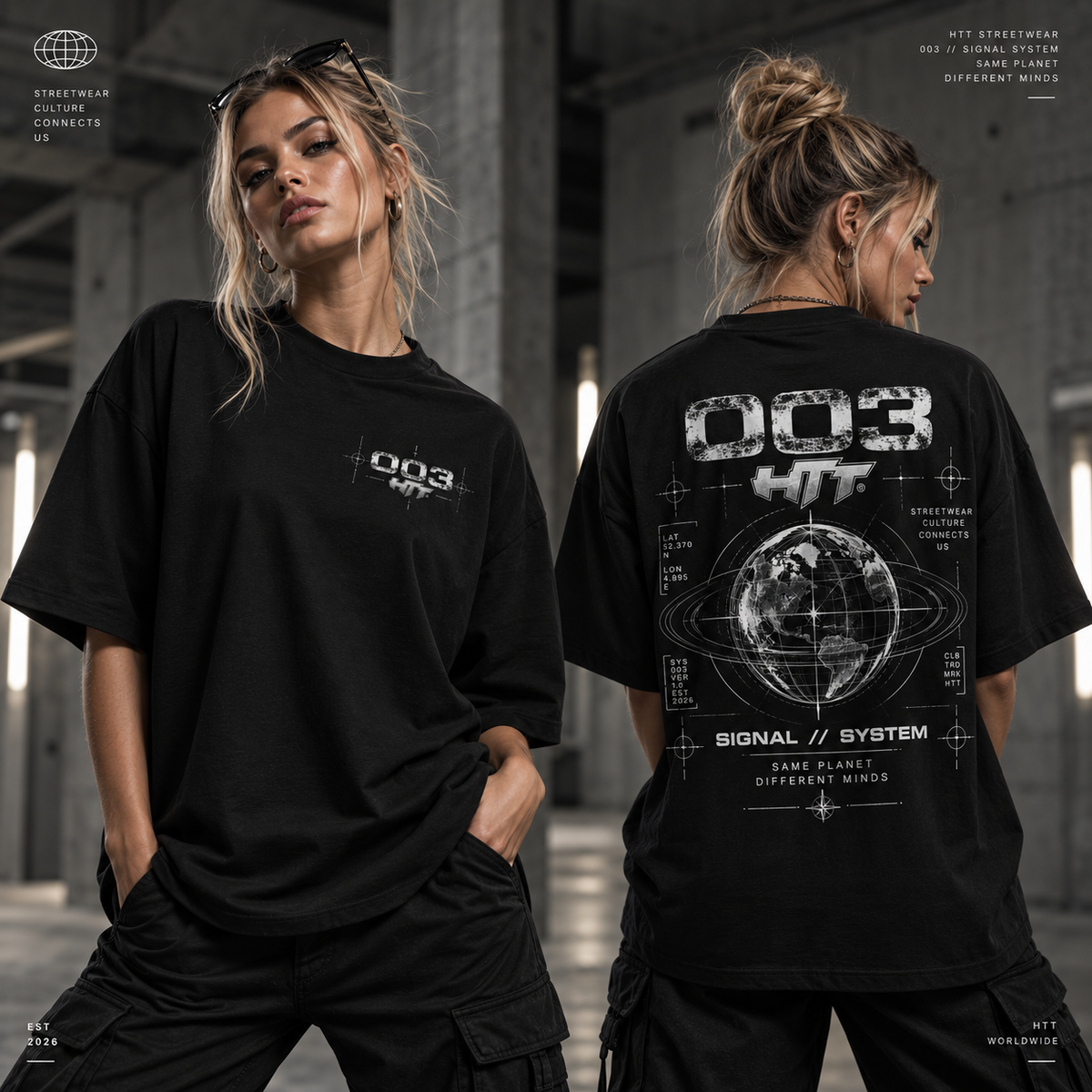 HTT 003 Signal System oversized black box T-shirt on female model, front and back view