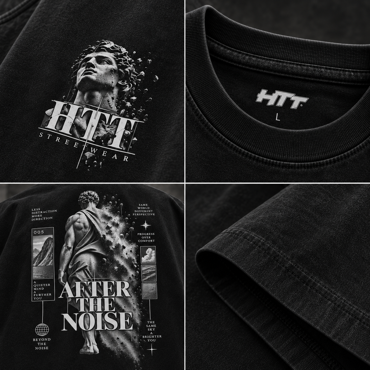 Détails du t-shirt HTT 005 After The Noise – impressions DTG, col et coton noir vintage