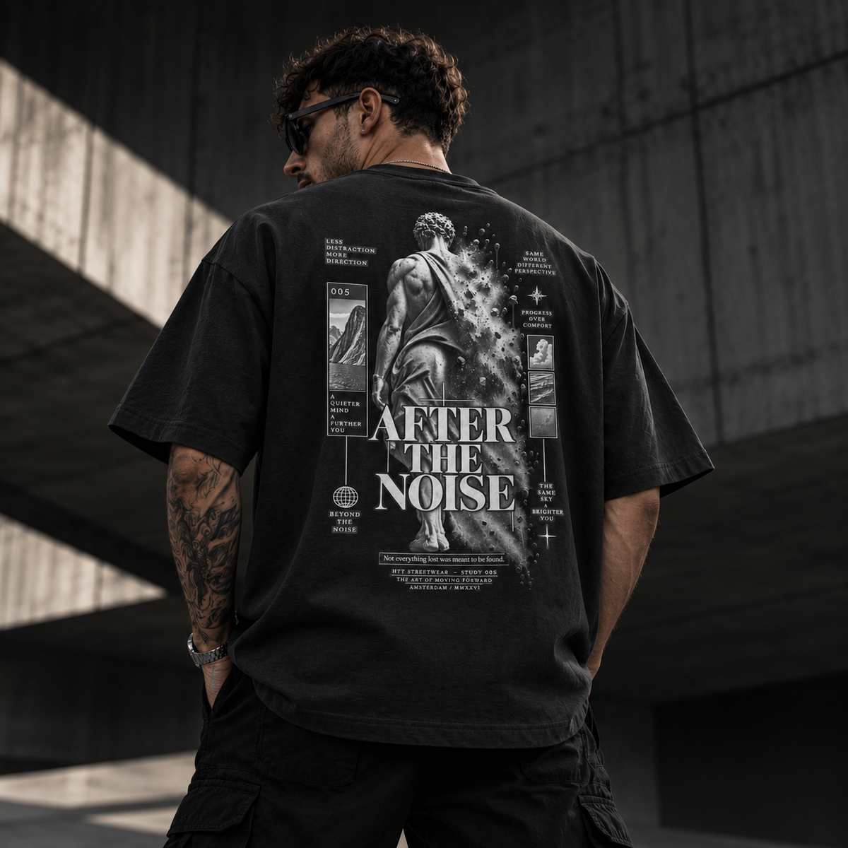 HTT 005 After The Noise oversized box fit T-shirt on male model – back graphic hero