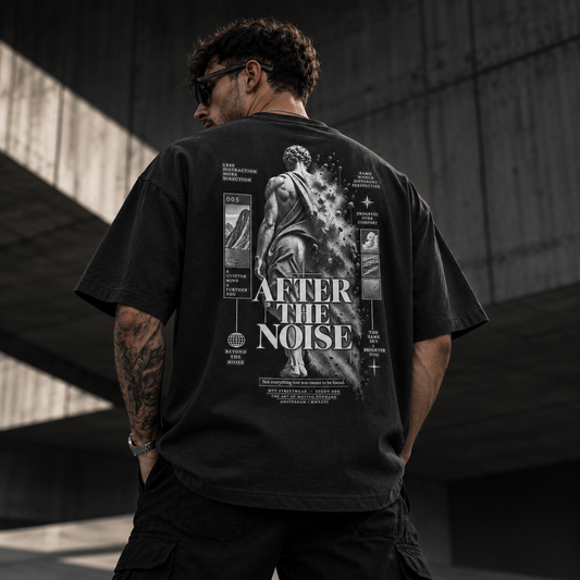 HTT 005 After The Noise oversized box fit T-shirt on male model – back graphic hero