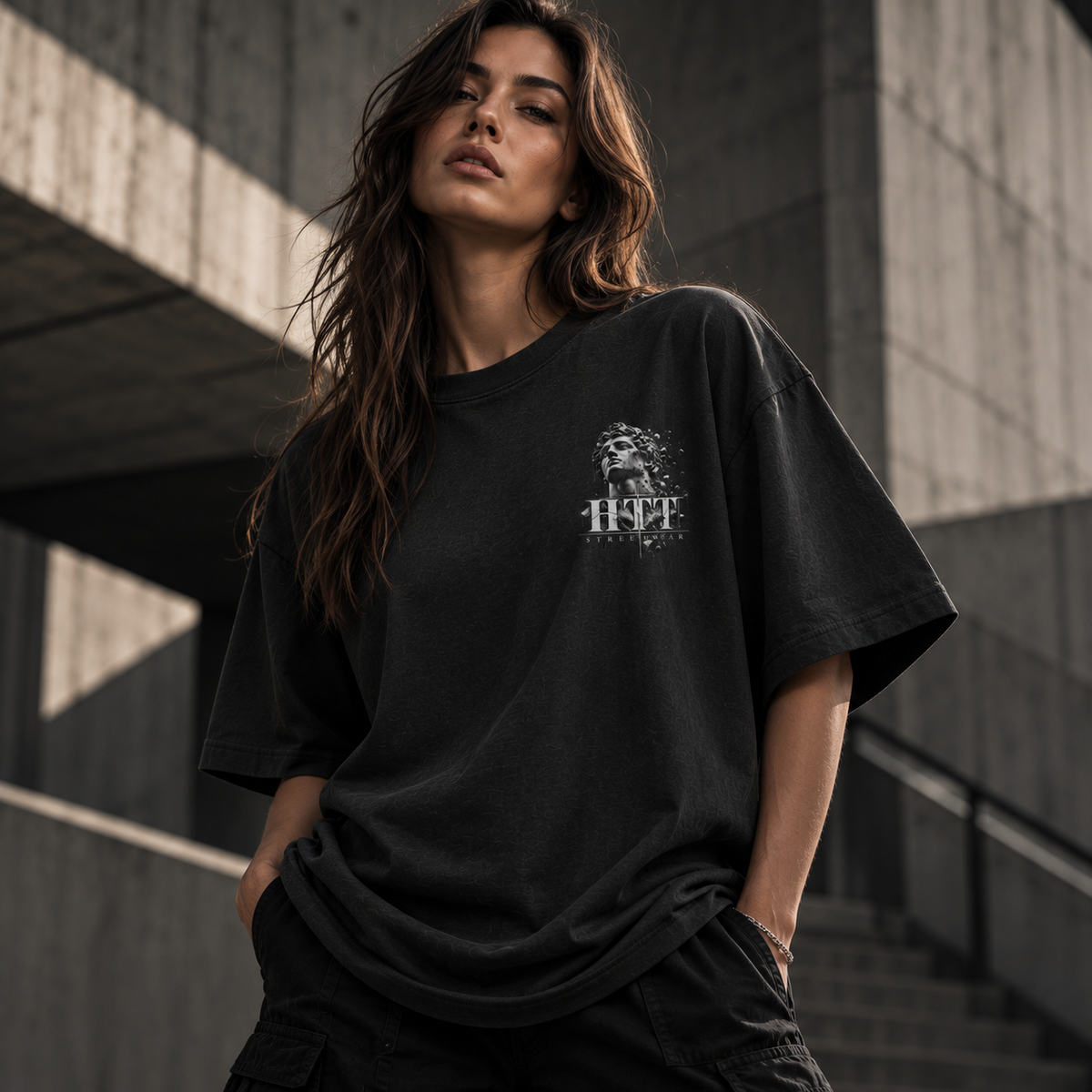HTT 005 After The Noise oversized box fit T-shirt on female model – editorial hero