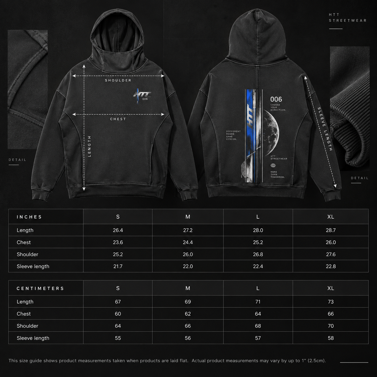 HTT 006 Turtleneck Hoodie size guide S to XL with garment measurements