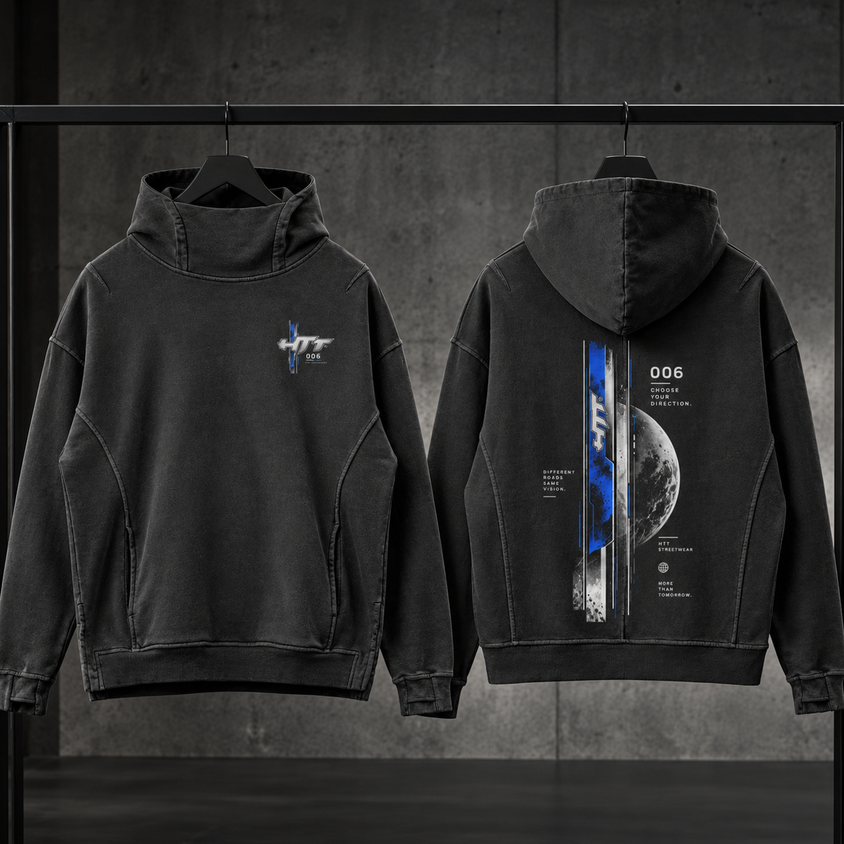 HTT 006 Choose Your Direction washed black turtleneck hoodie front and back hanger view