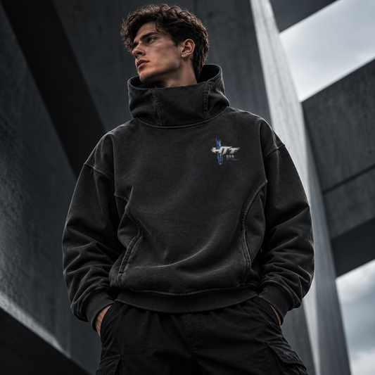 HTT 006 Choose Your Direction washed black turtleneck hoodie on male model – editorial hero