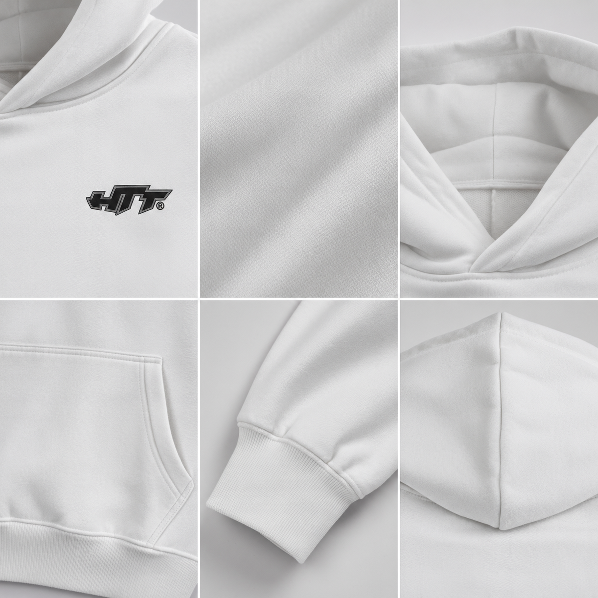 HTT Streetwear 008 white heavyweight cotton hoodie fabric cuff pocket and hood details
