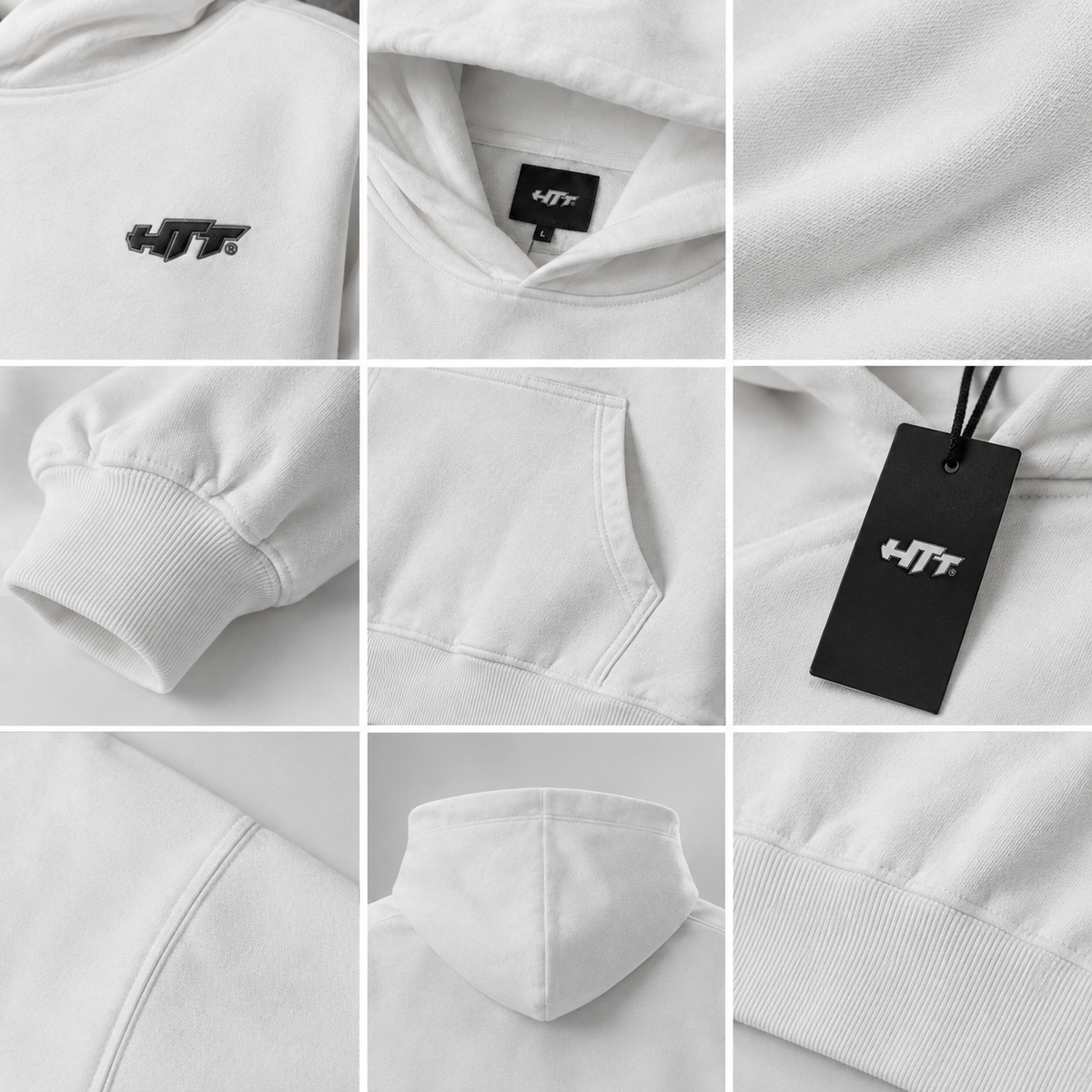 HTT Streetwear 008 white oversized hoodie logo fabric stitching cuff pocket and hem details