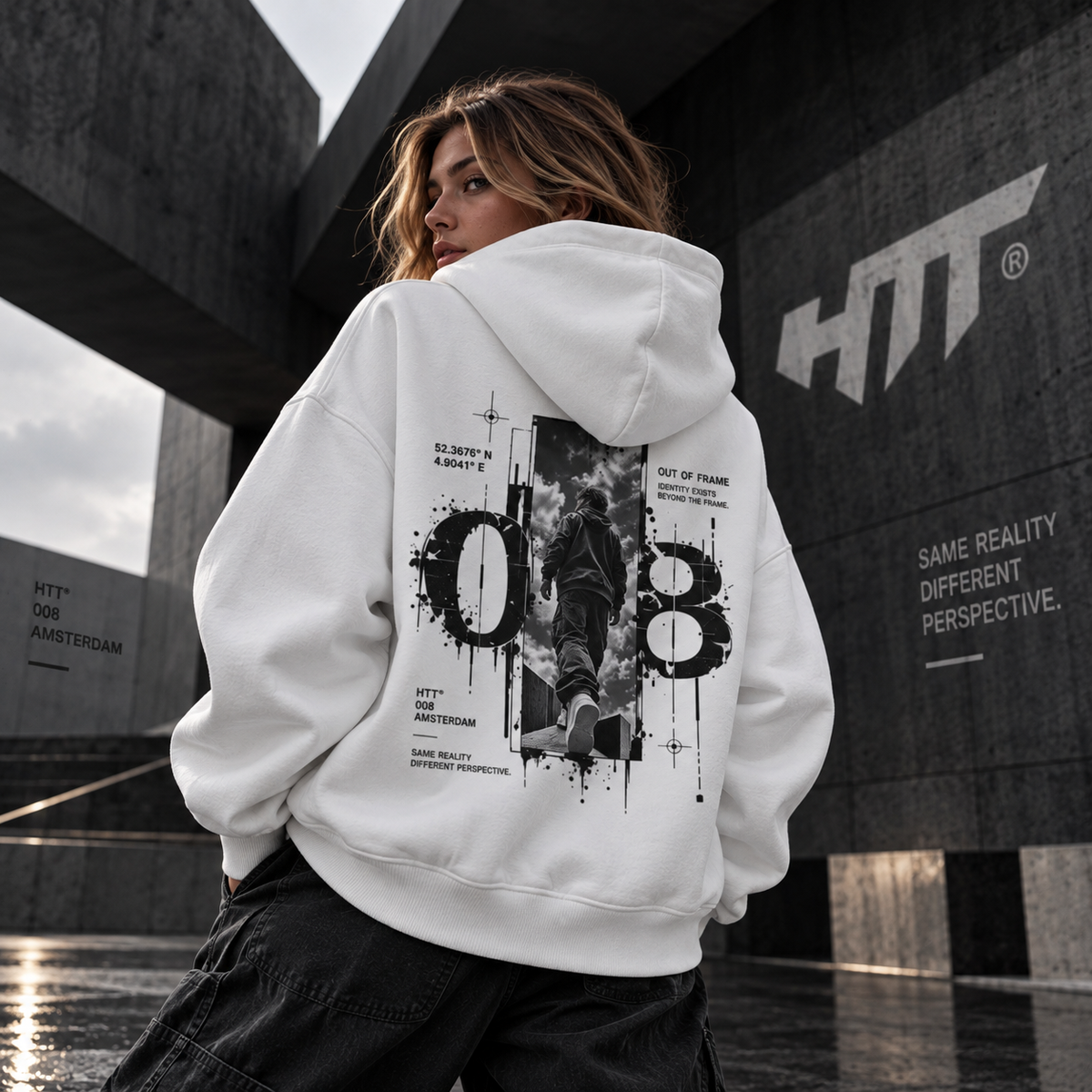HTT Streetwear 008 white oversized hoodie women's back graphic hero look