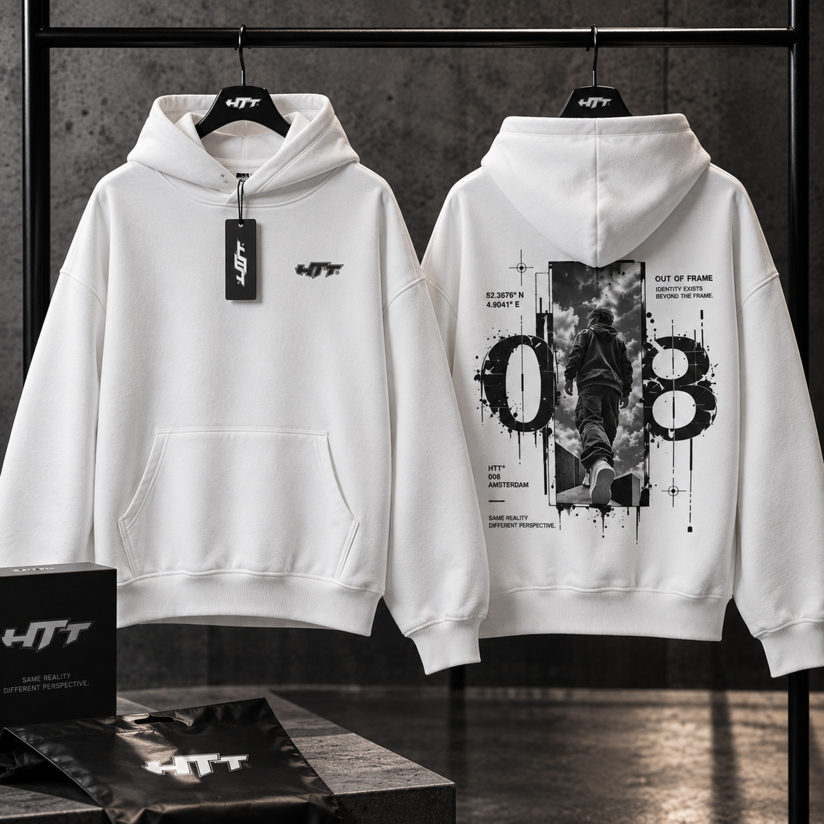 HTT Streetwear 008 white hoodie front and back hanger product view