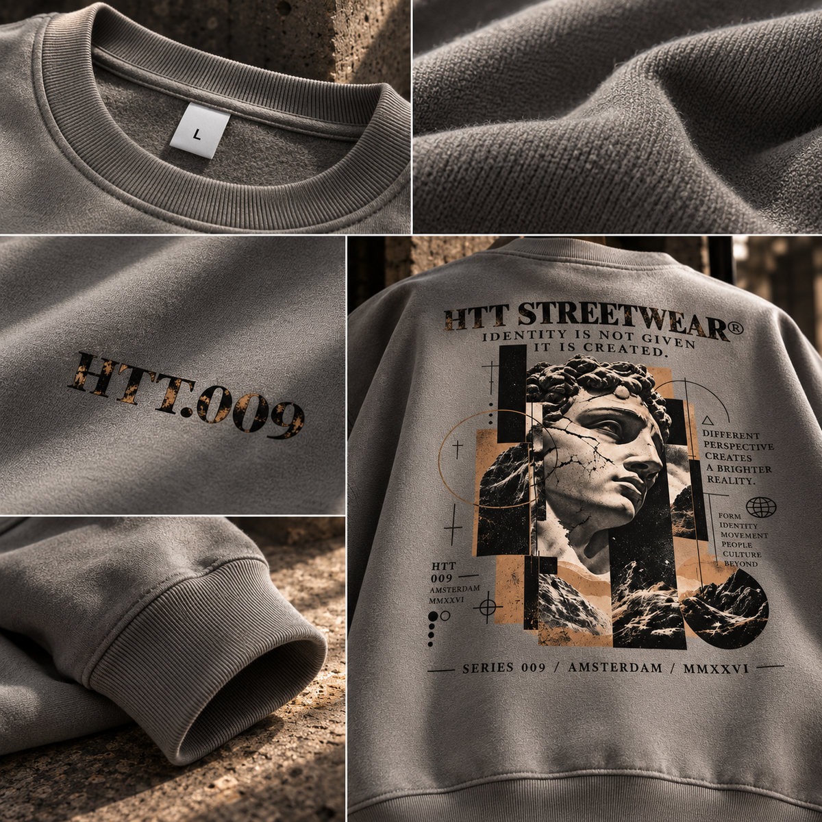 HTT.009 Asphalt heavyweight sweatshirt details, fabric, ribbing and graphic print