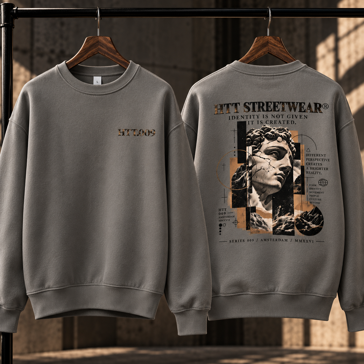 HTT.009 Asphalt oversized heavyweight sweatshirt front and back hanger view