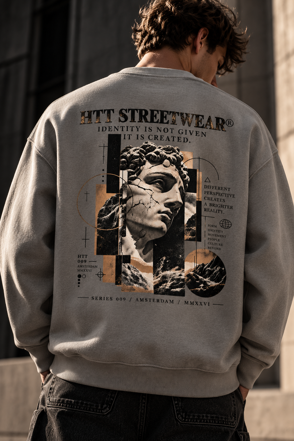 HTT.009 Asphalt oversized heavyweight sweatshirt back graphic editorial hero
