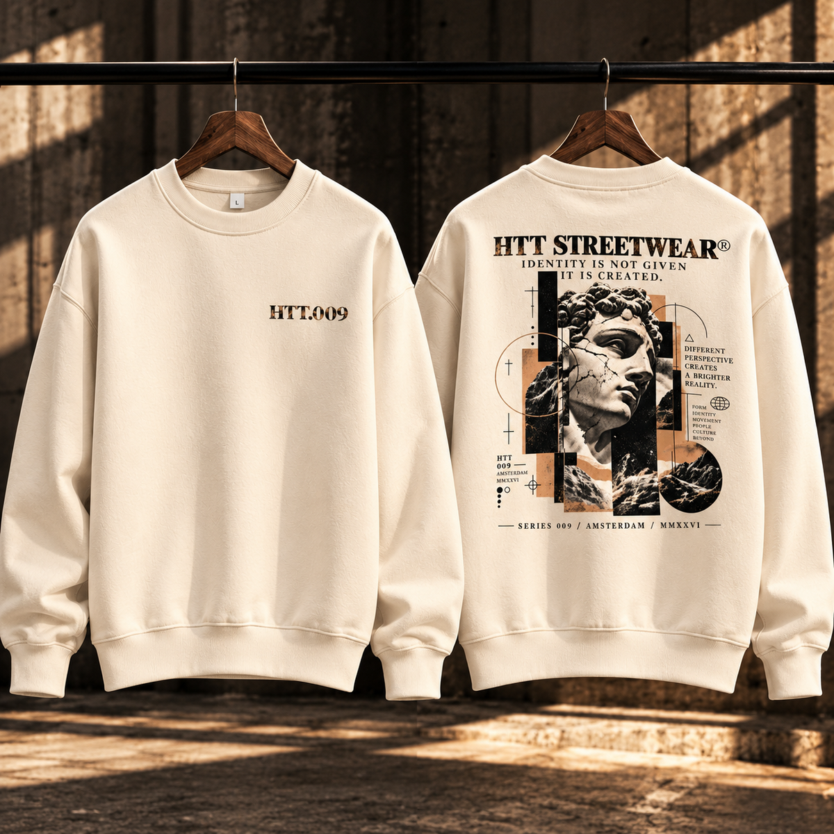 HTT.009 Dust oversized heavyweight sweatshirt front and back hanger view