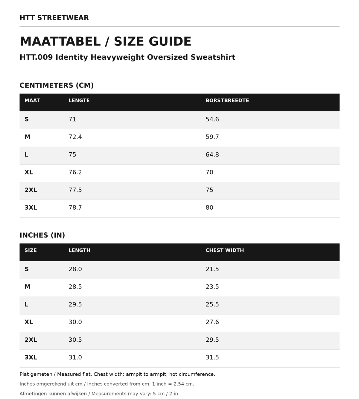 Maattabel / size guide HTT.009 Identity Heavyweight Oversized Sweatshirt: maten S–3XL, afmetingen in centimeters en inches.