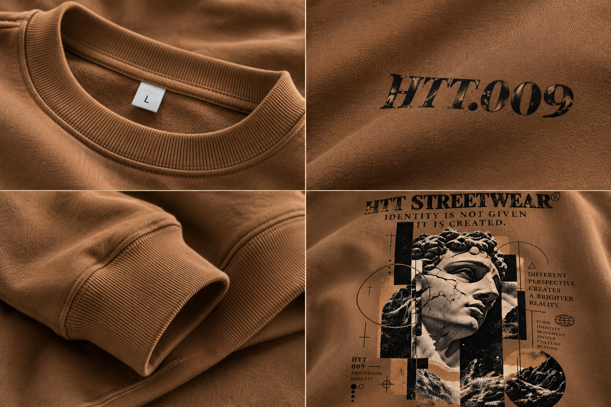HTT.009 Vintage Brown heavyweight sweatshirt details, fabric, ribbing and graphic print