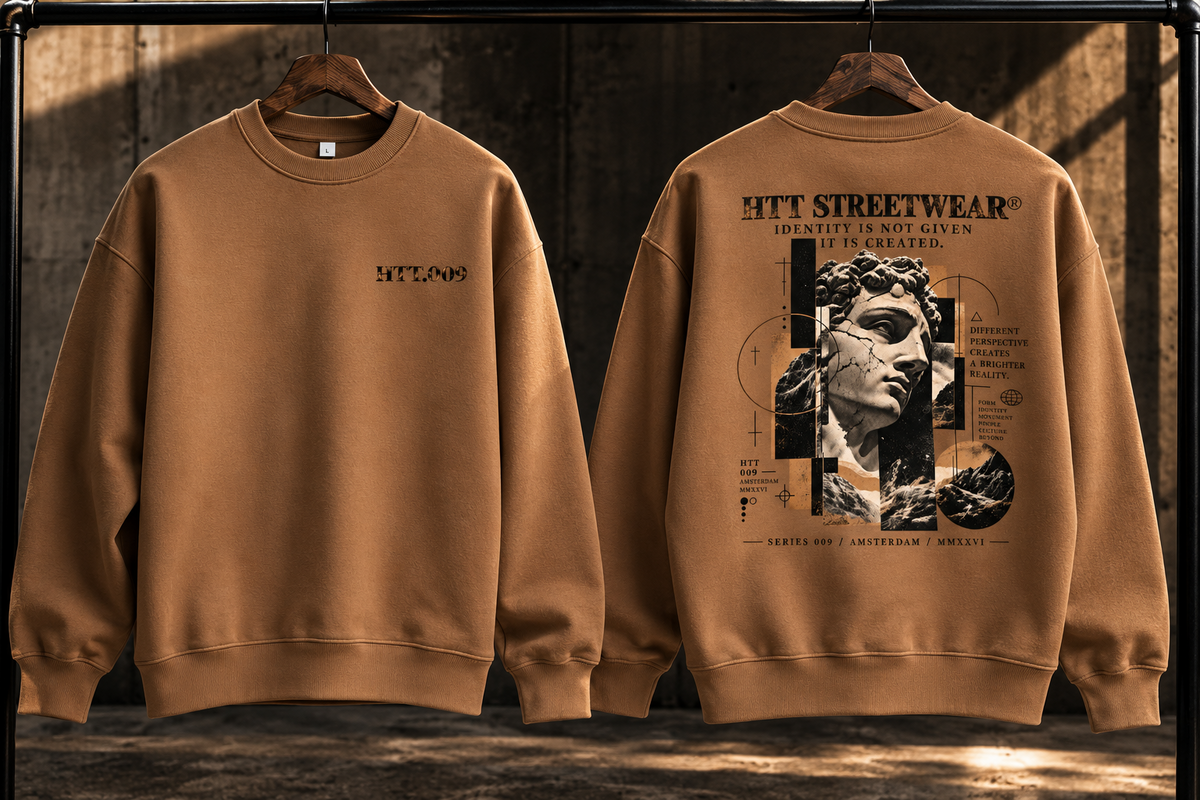 HTT.009 oversized heavyweight sweatshirt Vintage Brown front and back hanger view
