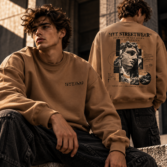 HTT.009 oversized heavyweight sweatshirt Vintage Brown editorial streetwear hero front and back