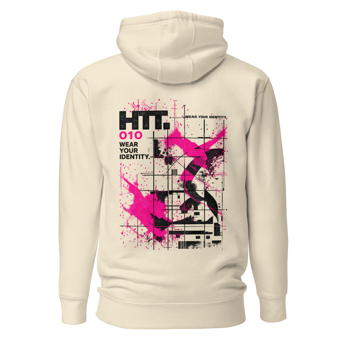 HTT.010 Bone Cream hoodie van achteren met zwarte en felroze Industrial Identity rugprint.