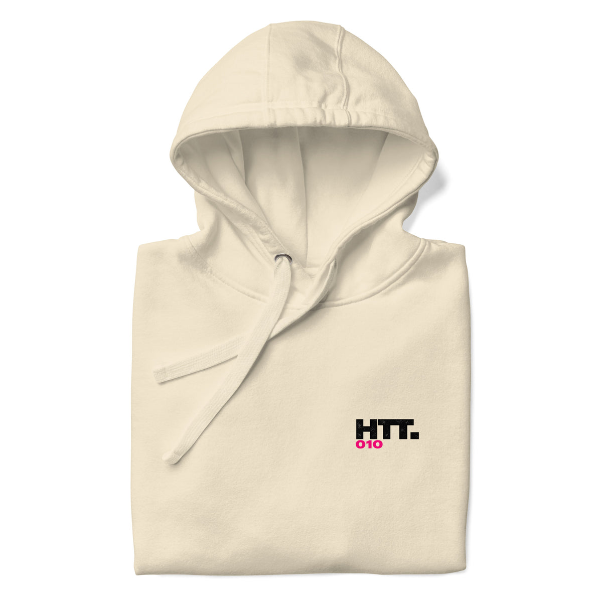 Gevouwen HTT.010 Bone Cream hoodie met detail van het zwarte borstlogo en felroze 010.