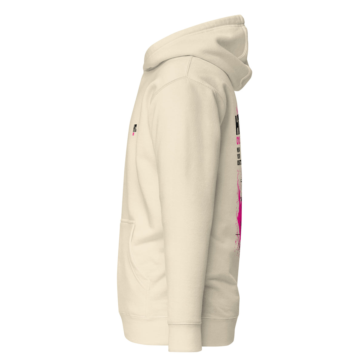 Linkerzijaanzicht van de crèmekleurige HTT.010 hoodie met capuchon en geribde boorden.