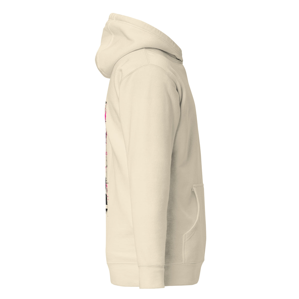 Rechterzijaanzicht van de HTT.010 Bone Cream hoodie met kangoeroezak en capuchon.