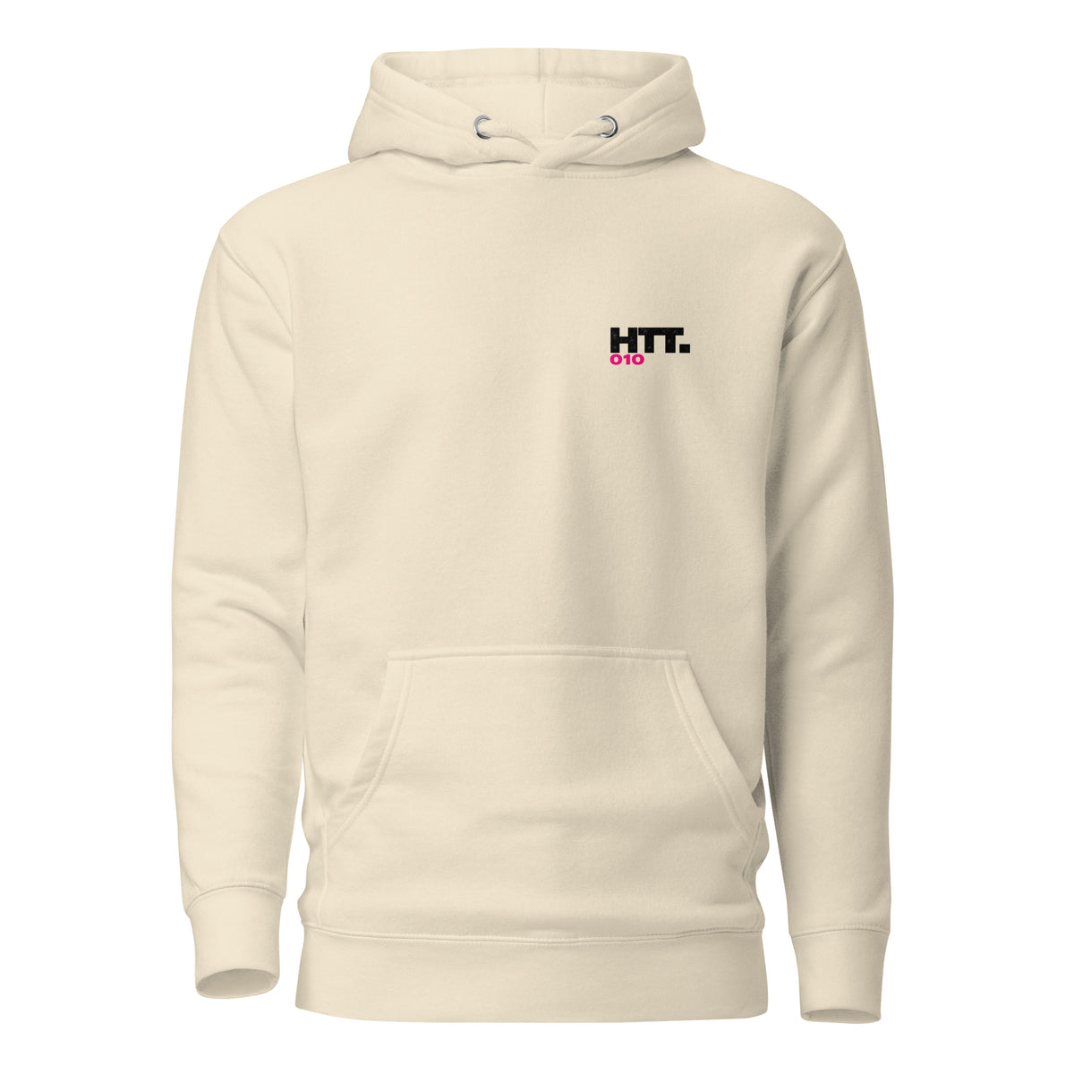 Voorkant van de HTT.010 premium hoodie in Bone Cream met zwart HTT.-borstlogo en felroze 010.