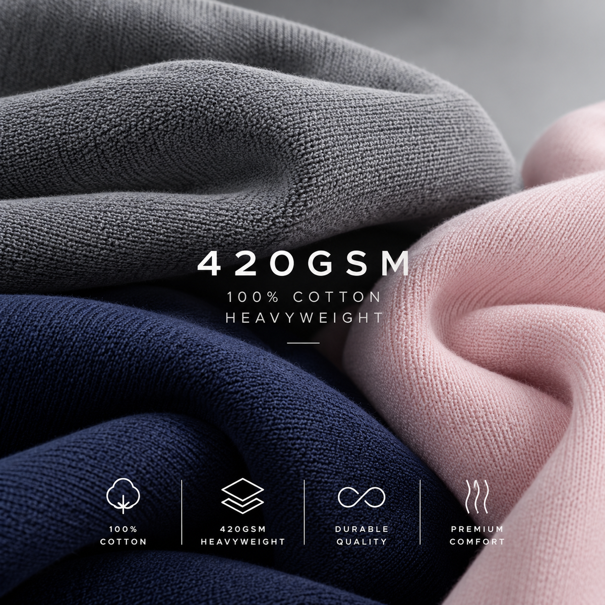 420GSM 100% katoen heavyweight stofdetail in Medium Gray, Patriot Blue en Primrose Pink