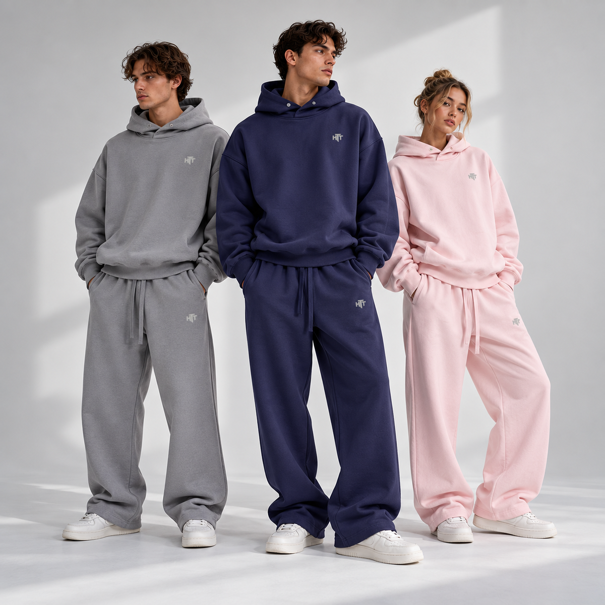 HTT 420GSM heavyweight hoodie en sweatpants set in Medium Gray, Patriot Blue en Primrose Pink