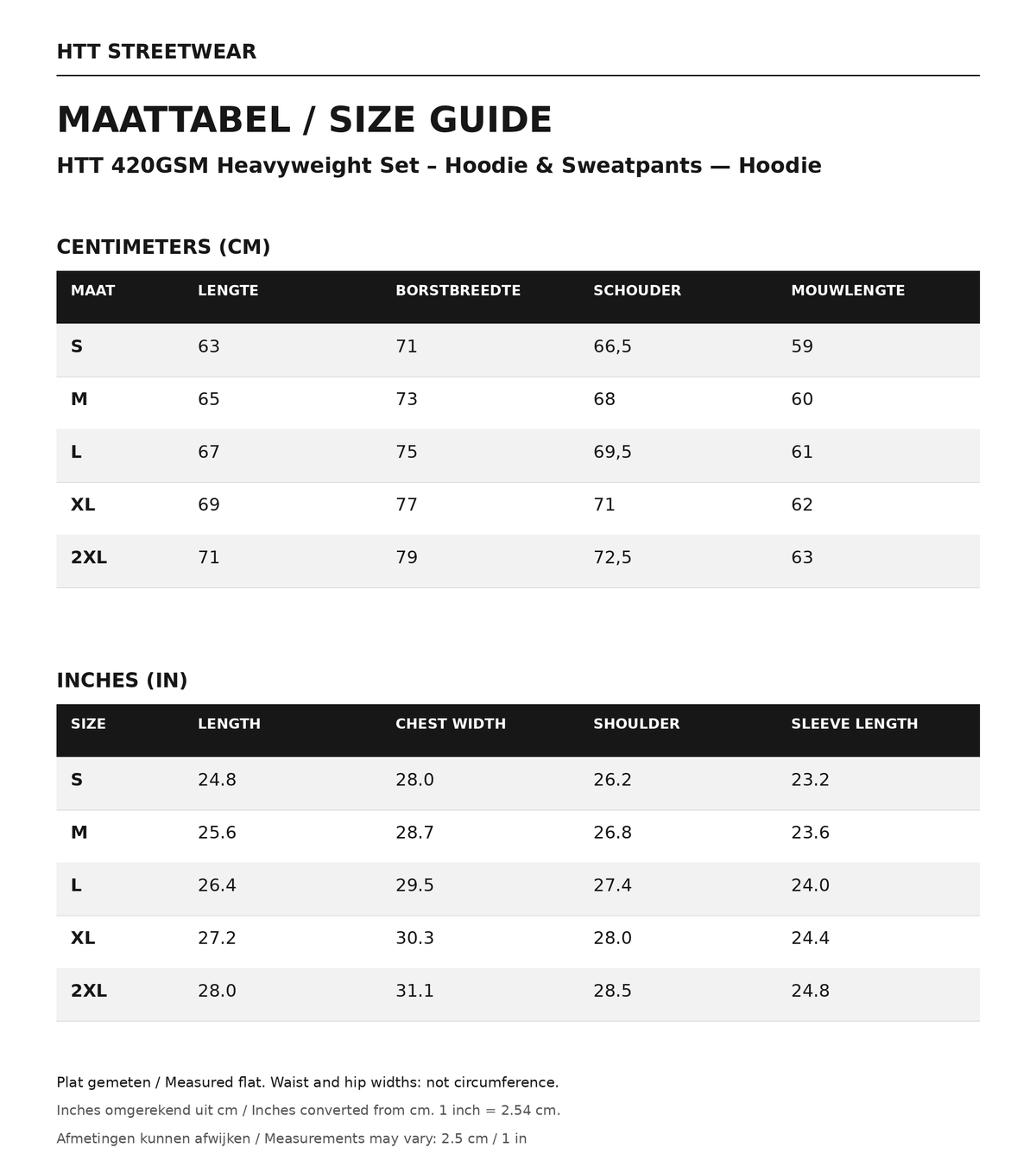 Maattabel / size guide HTT 420GSM Heavyweight Set – Hoodie & Sweatpants — Hoodie: maten S–2XL, afmetingen in centimeters en inches.