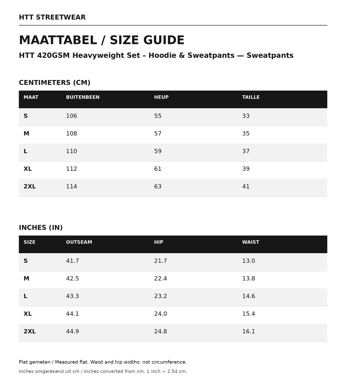 Maattabel / size guide HTT 420GSM Heavyweight Set – Hoodie & Sweatpants — Sweatpants: maten S–2XL, afmetingen in centimeters en inches.