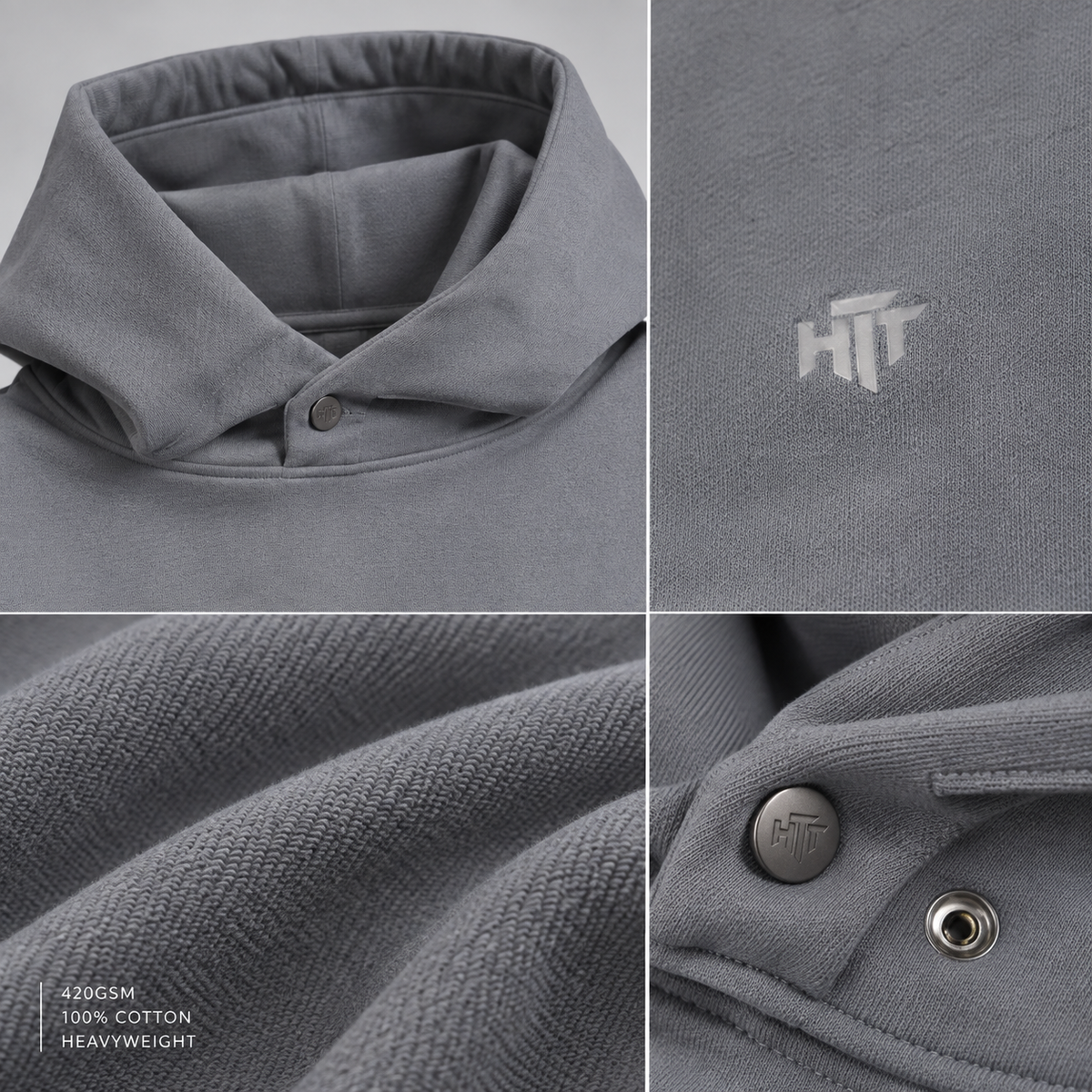 Detail van HTT 420GSM heavyweight hoodie met snap collar, katoenstructuur en klein HTT-logo