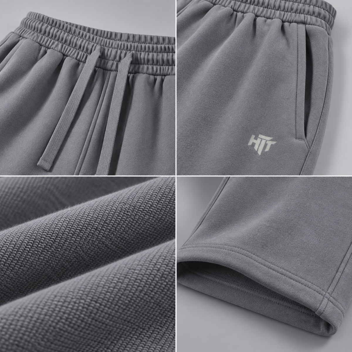 Detail van HTT 420GSM sweatpants met tailleband, trekkoord, zak, stofstructuur en klein HTT-logo