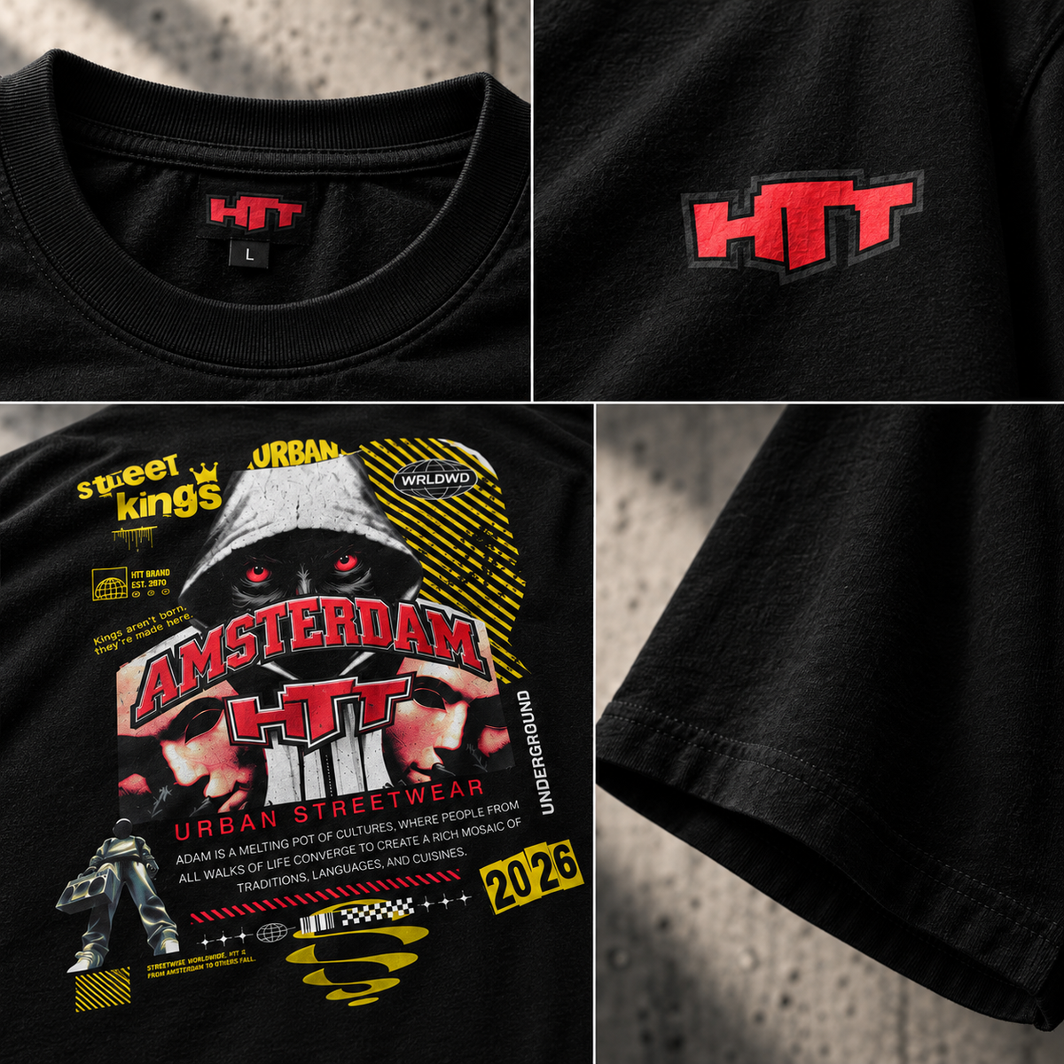 Details van HTT Amsterdam Street T-Shirt met rood HTT-logo, neklabel, stof en Amsterdam backprint