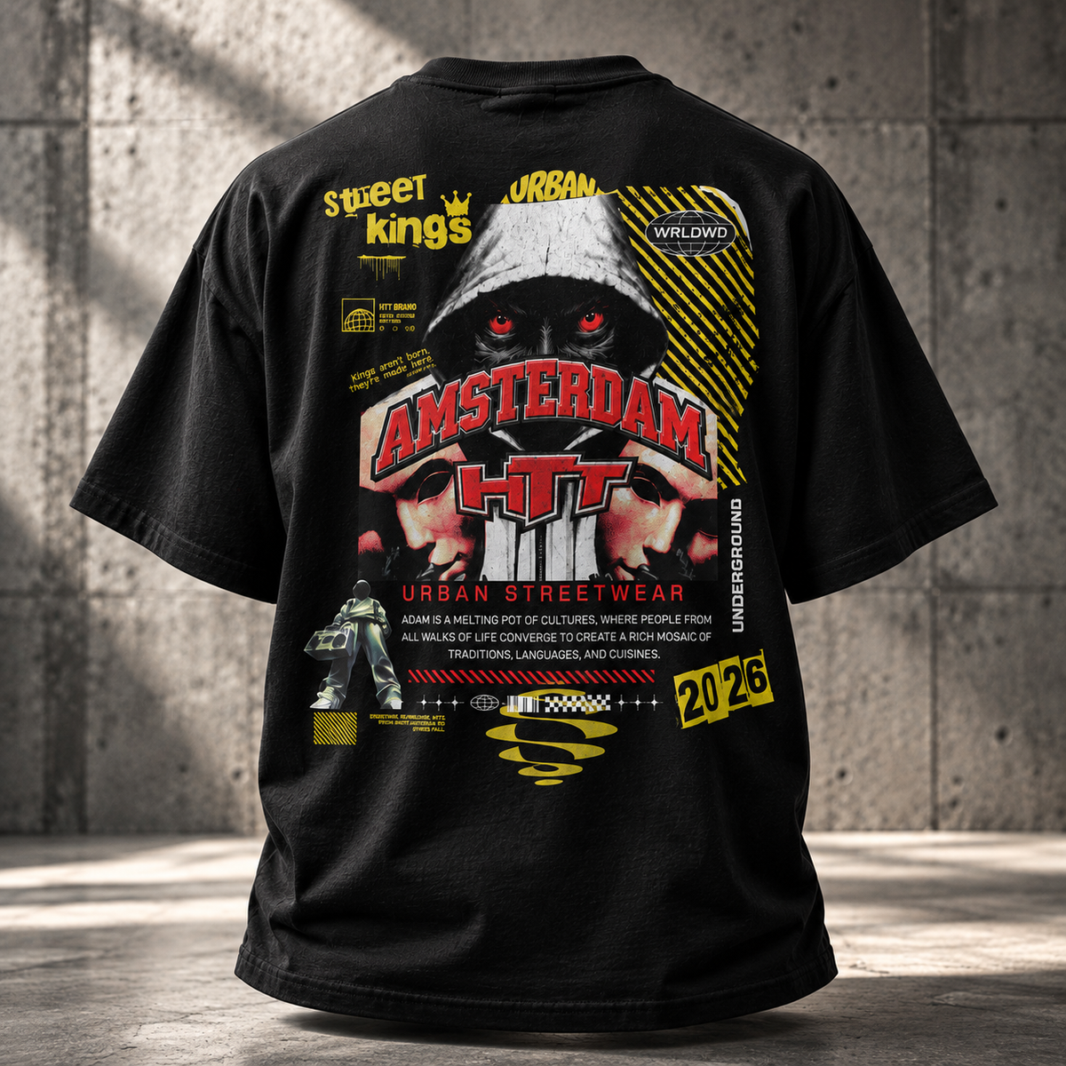 HTT Amsterdam Street T-Shirt zwart met Amsterdam graphic backprint, productfoto achterkant