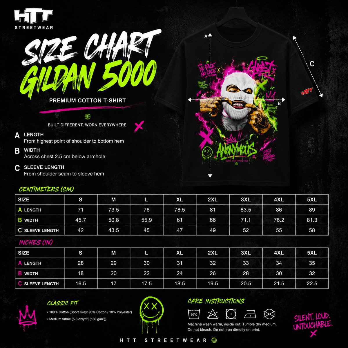 Tabla de tallas de la camiseta HTT Anonymous Gildan 5000 en centímetros y pulgadas, de S a 5XL