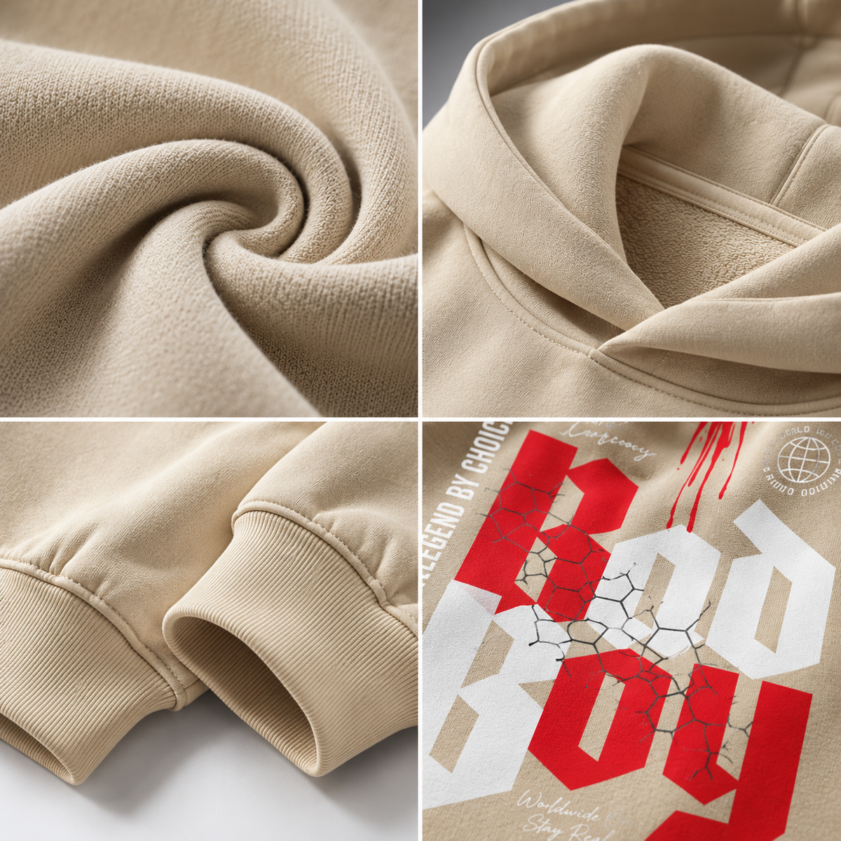 HTT BadBoy Camel – detailcollage stof, capuchon, boorden en print